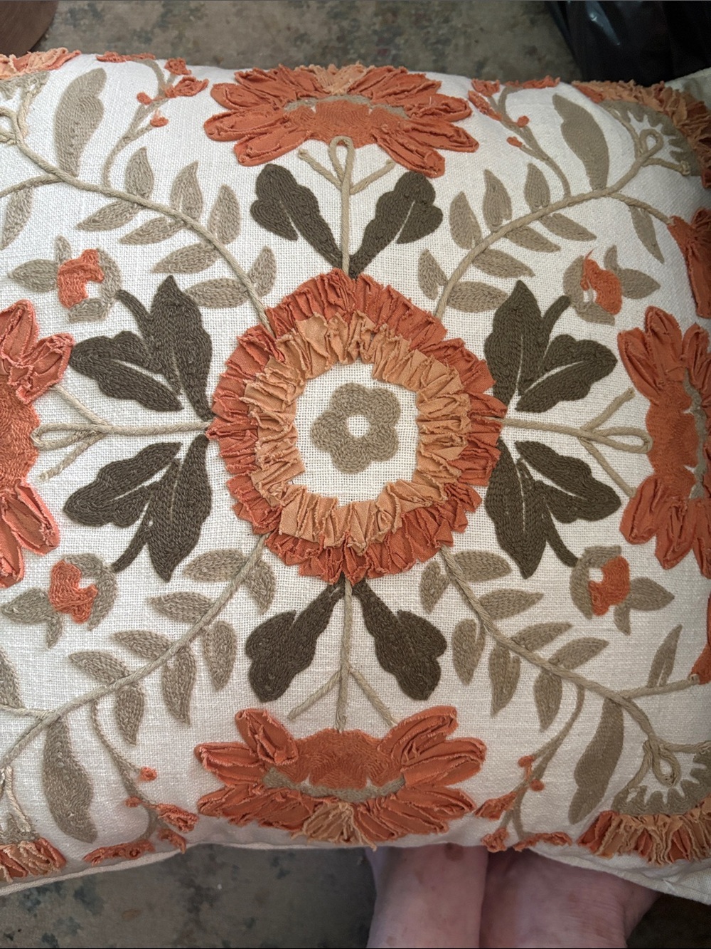 Embroidered Floral Throw Pillow. Fall square texture accent autumn orange green - Picture 2 of 8